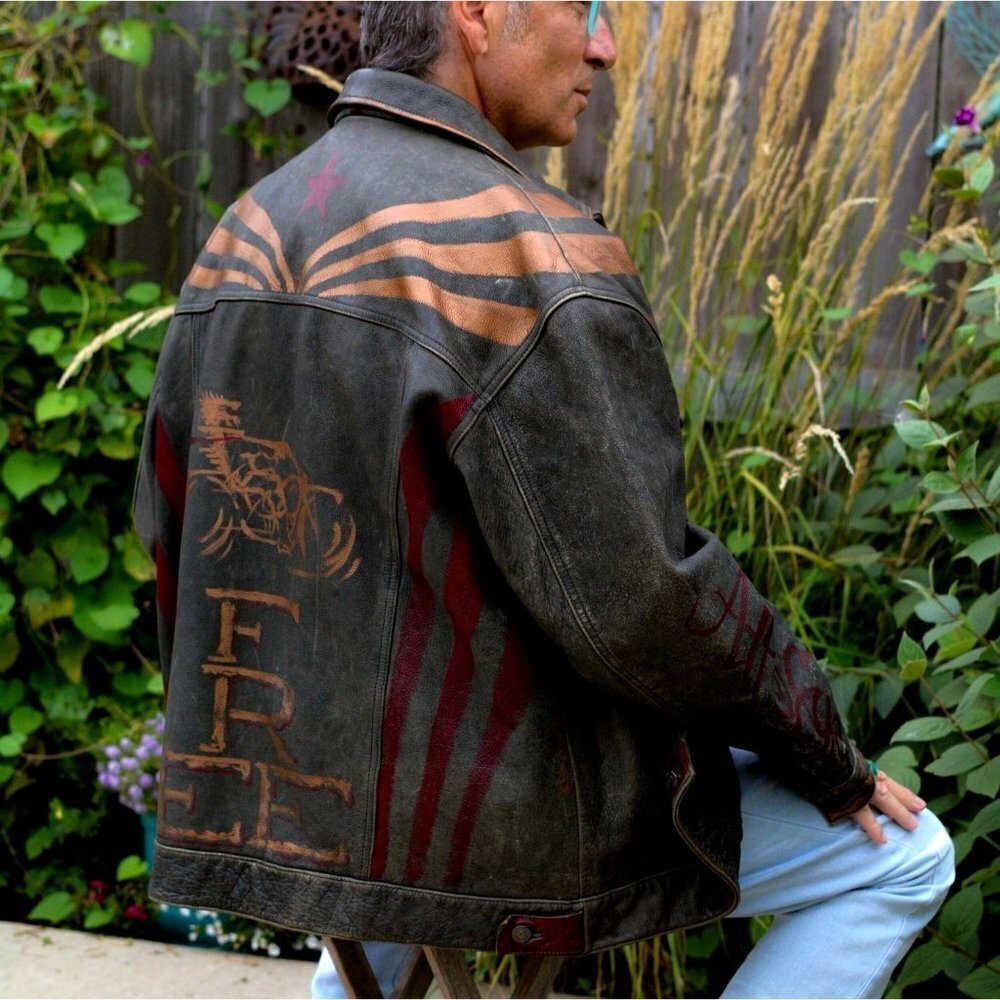 Vintage smoke gray distressed leather bomber jacket rivet closures hand painted